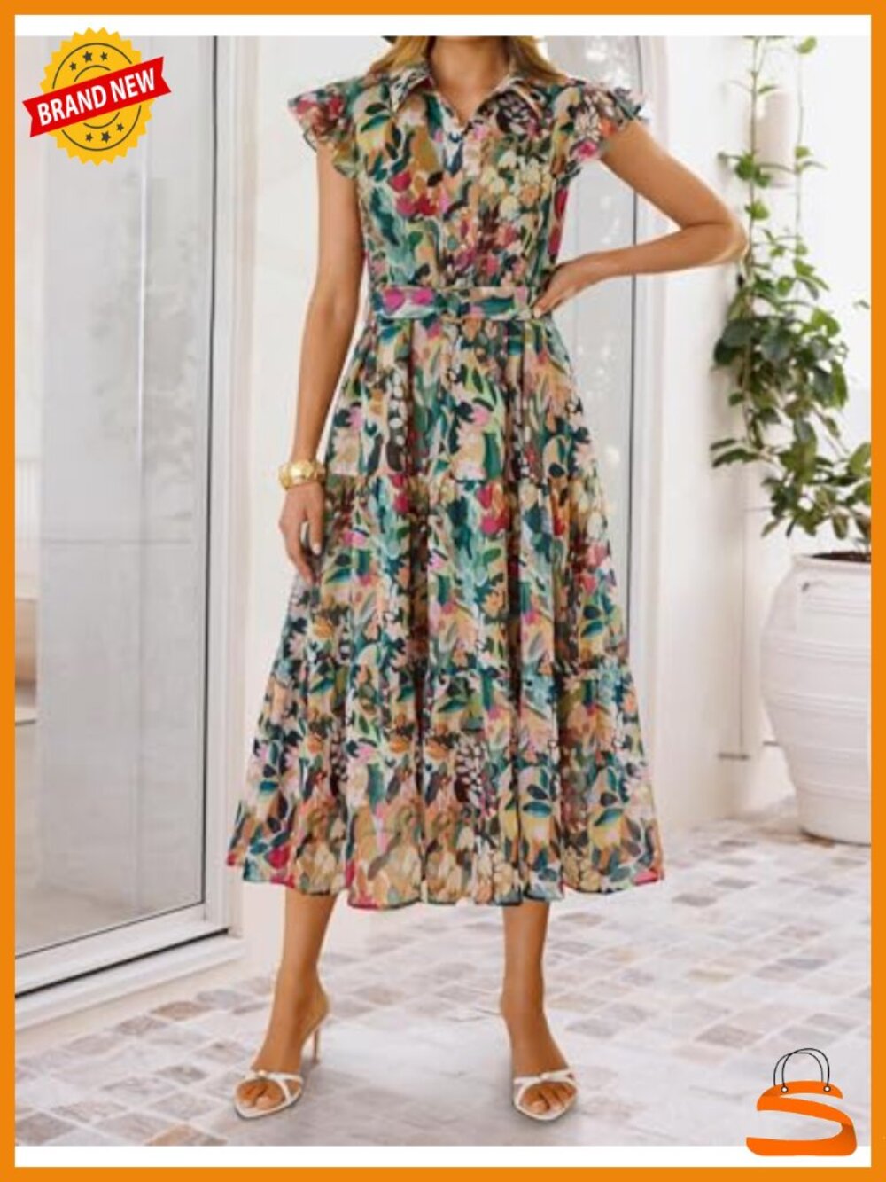 Floral Midi Dress Flutter Short Sleeve Chiffon Button Down A-Line Pleated - Picture 2 of 6